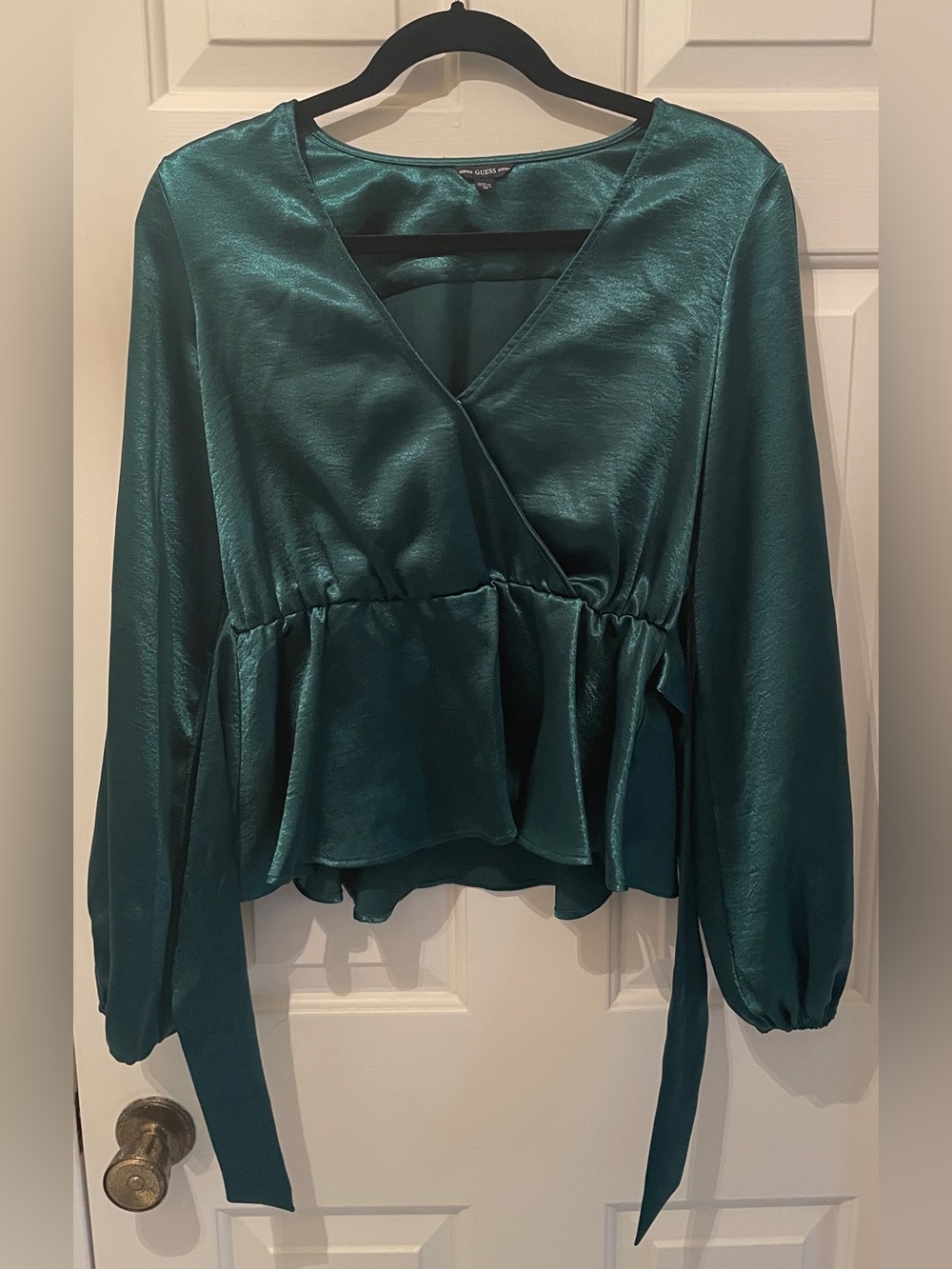Guess Emerald Green Satin Wrap Peplum Blouse - Picture 2 of 14